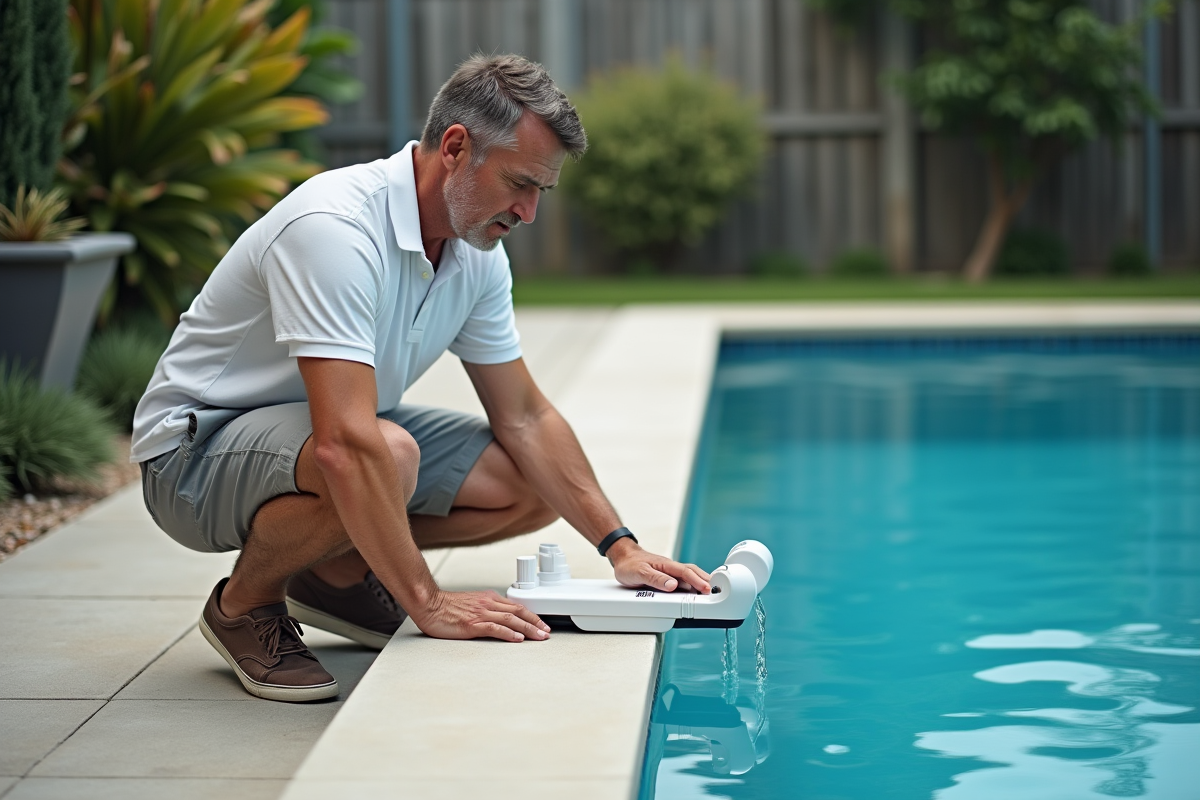 Homme testant une alarme de piscine moderne dans un jardin