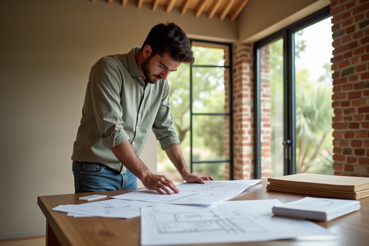 Jeune architecte étudie des plans dans une maison bioclimatique