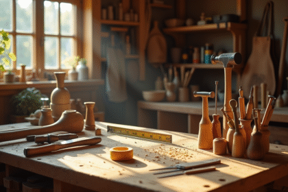 Planche de travail en bois bien organisée dans un atelier lumineux avec outils artisanaux