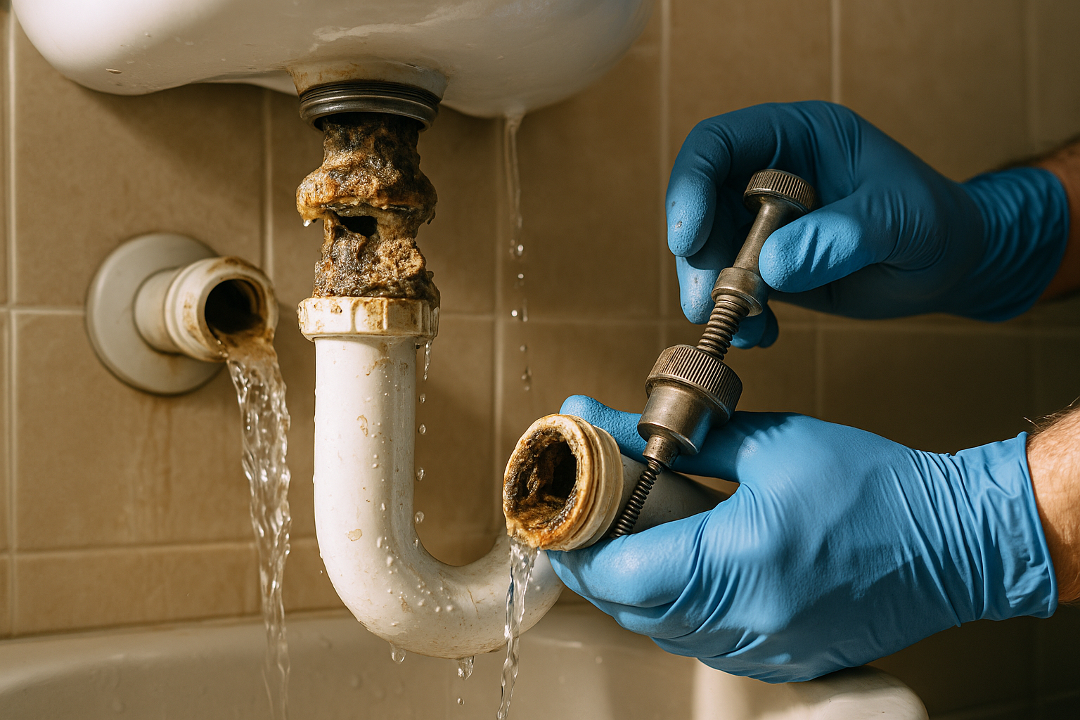 Gros plan sur des canalisations bouchées sous un lavabo avec mains en gants bleus