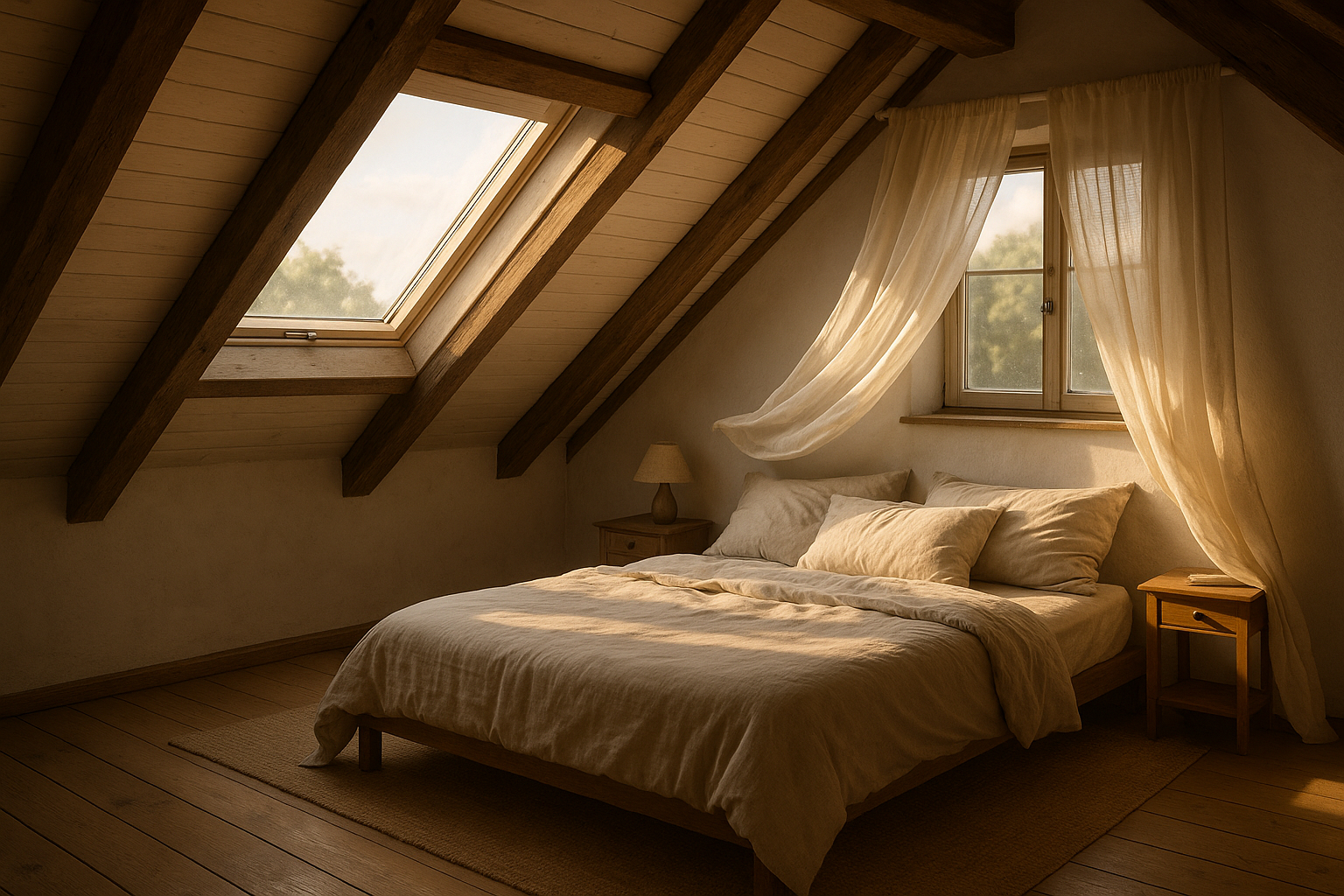 Chambre mansardée chaleureuse avec lumière du matin
