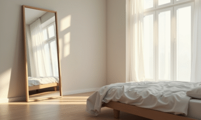 Chambre minimaliste lumineuse avec grand miroir et ambiance légèrement étrange