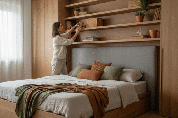 Photo hyperrealiste d'une femme arrangeant des livres dans une chambre moderne