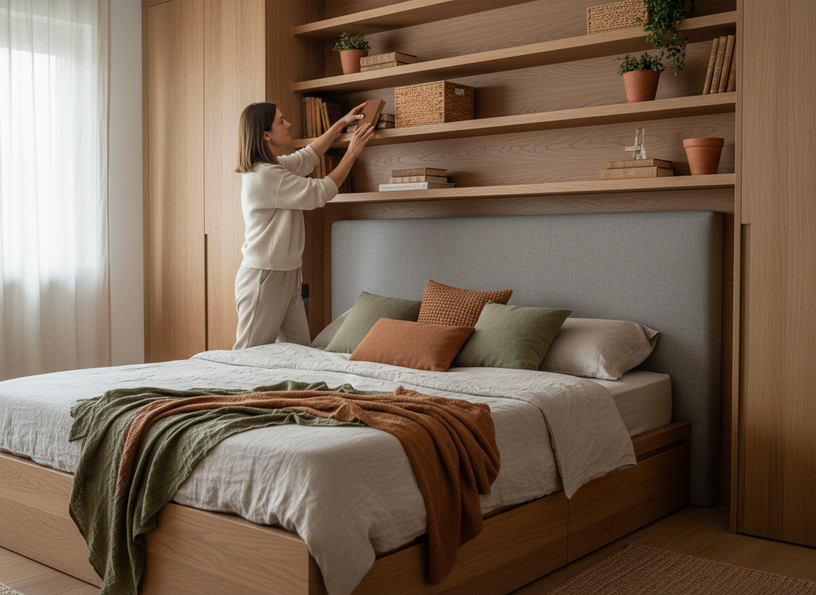 Photo hyperrealiste d'une femme arrangeant des livres dans une chambre moderne