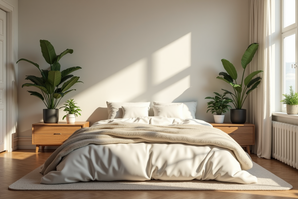Intérieur de chambre paisible avec plantes et textures douces en lumière matinale