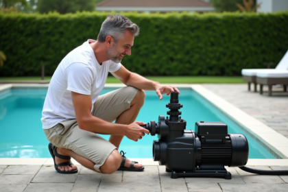 Homme d'âge moyen vérifiant la pompe de piscine extérieure