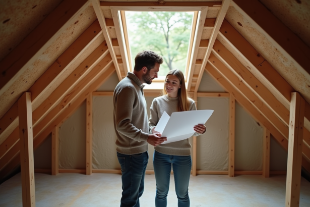 Couple dans un grenier en rénovation avec plans architecturaux