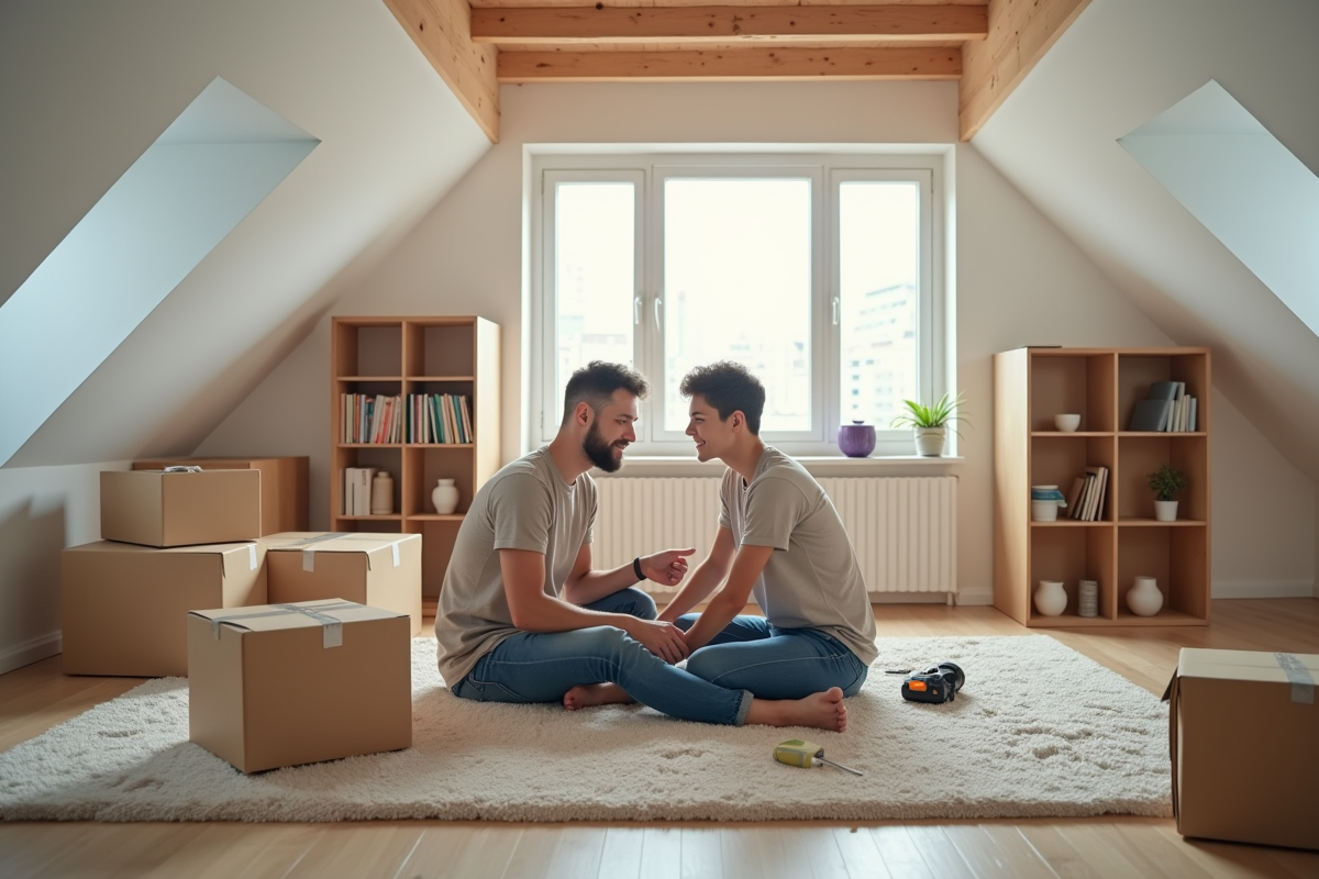Jeune couple assemblant une étagère dans un grenier lumineux