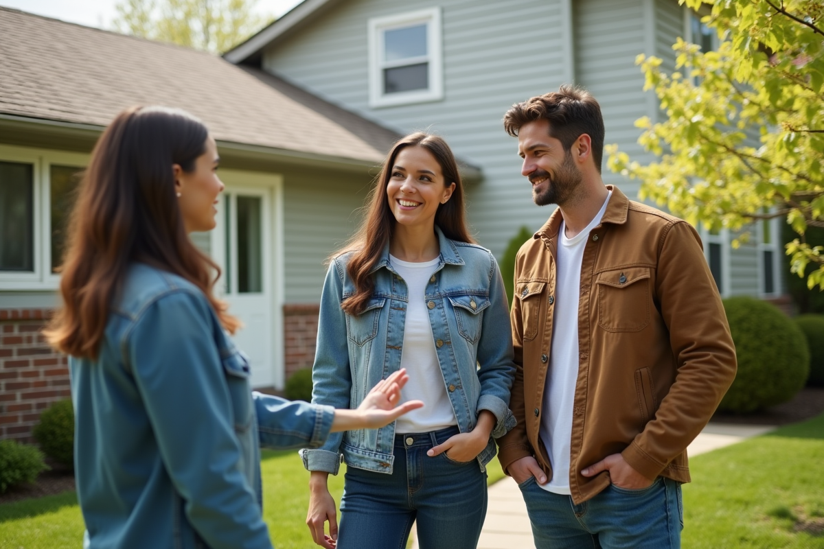 Jeune couple discutant avec une professionnelle de la toiture