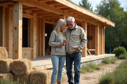 Couple examine matériaux isolants naturels sur un chantier écologique