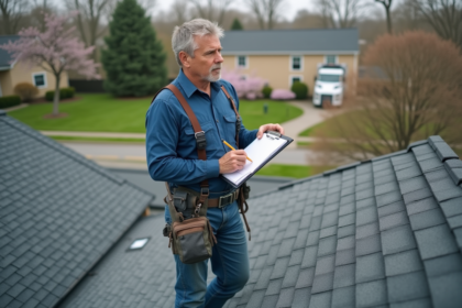 Couvreur inspectant un toit résidentiel au printemps