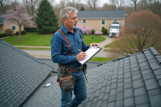 Couvreur inspectant un toit résidentiel au printemps