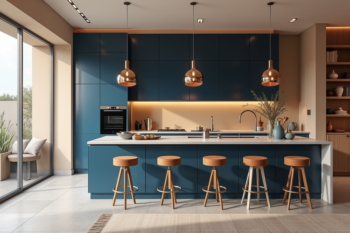Cuisine contemporaine en 2025 avec murs bleu marine et beige sable