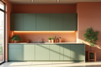 Cuisine moderne en 2025 avec armoires matte vert sauge et terracotta