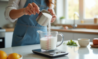 Personne versant 300g de sucre dans un verre doseur dans une cuisine lumineuse