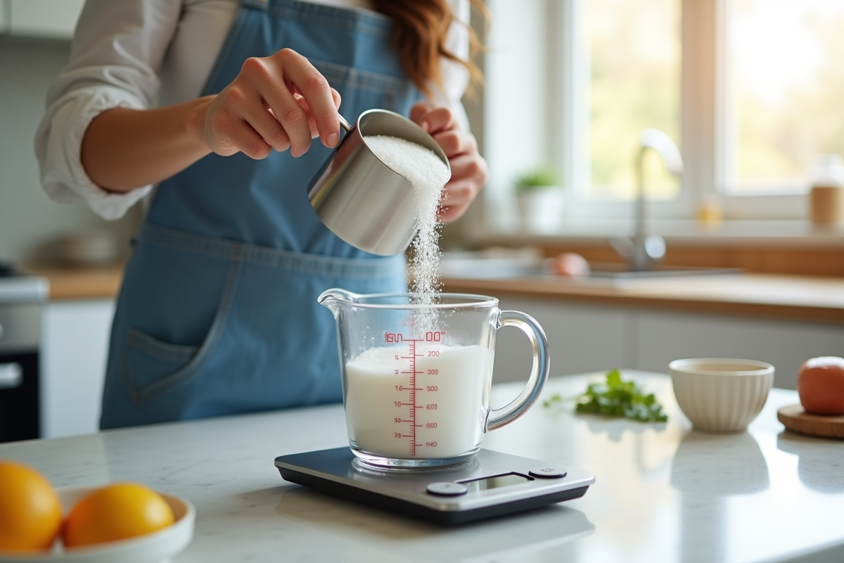 Personne versant 300g de sucre dans un verre doseur dans une cuisine lumineuse