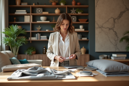 Décoratrice d'intérieur examine des échantillons de tissus