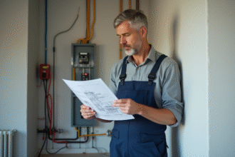 Électricien homme examinant un plan électrique dans une pièce moderne