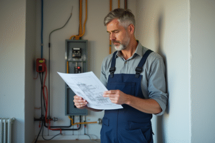 Électricien homme examinant un plan électrique dans une pièce moderne