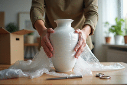 Mains emballant une porcelaine délicate dans un intérieur moderne