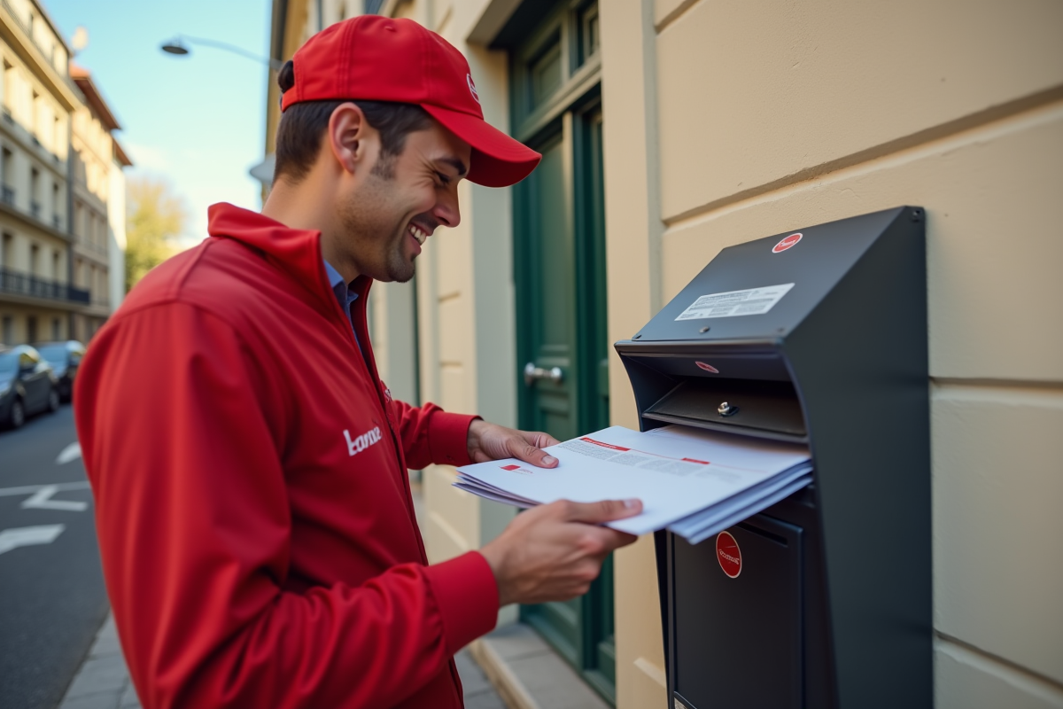 Facteur souriant déposant du courrier dans une boite aux lettres