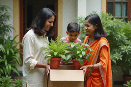 Famille indienne heureuse déballant des plantes gratuites à Surat