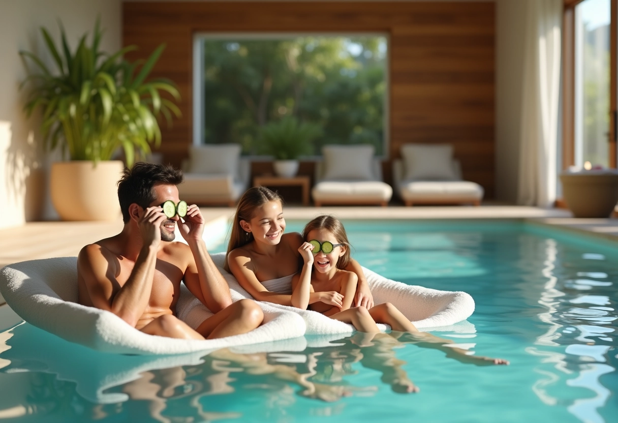 Famille en maillot relaxant dans la piscine intérieure