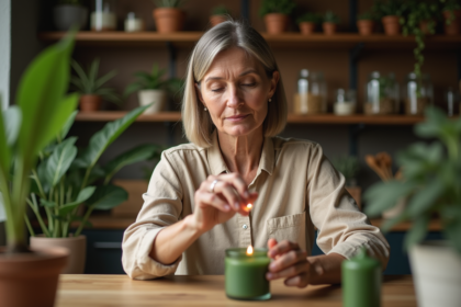 Femme en blouse beige allumant une bougie verte dans la cuisine