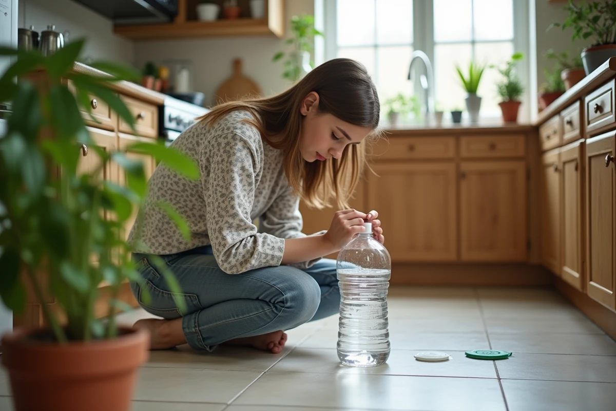 Jeune femme préparant une bouteille pour arrosage automatique