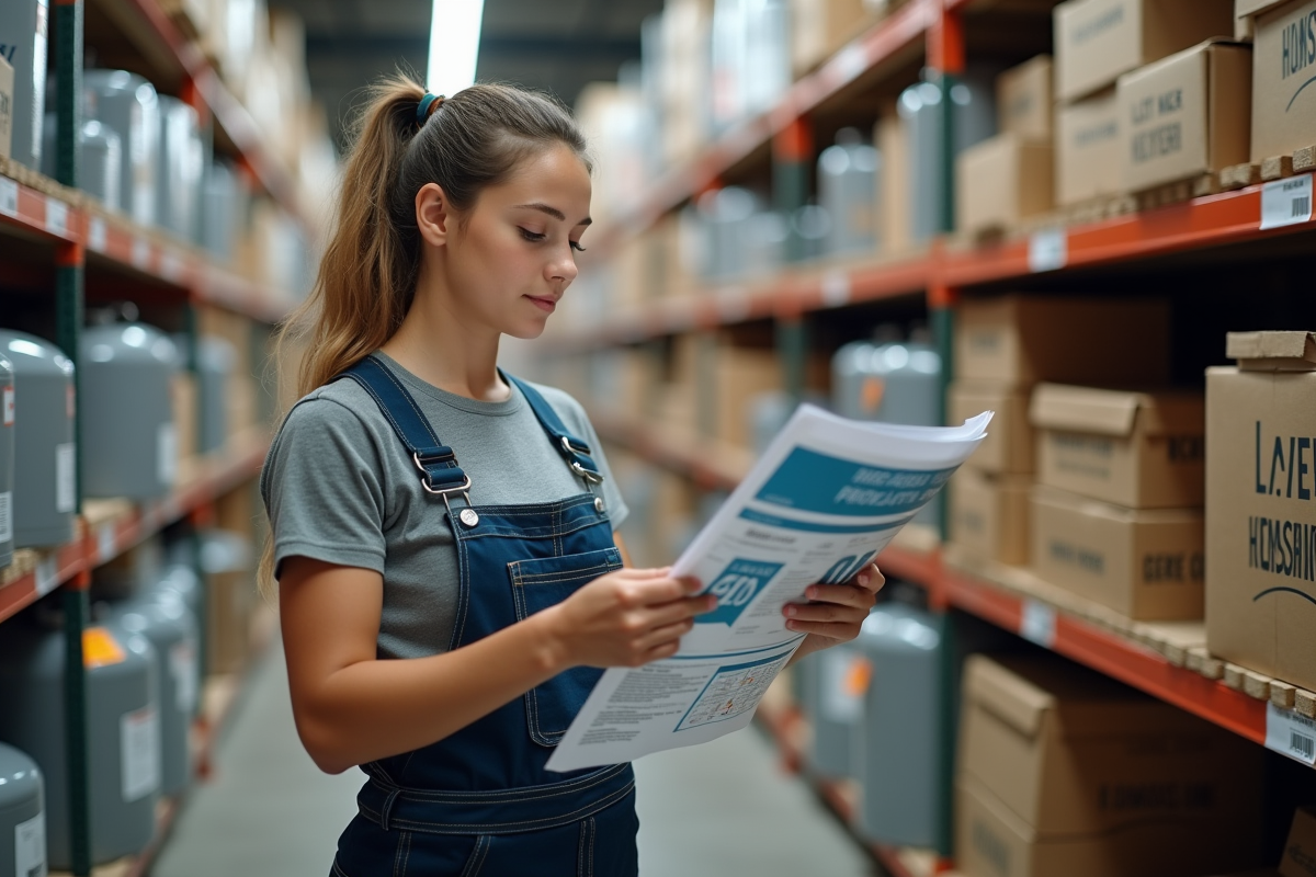 Jeune femme en overalls comparant deux chauffe-eau en magasin