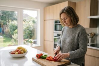 Femme en cuisine coupant des légumes frais sur une planche