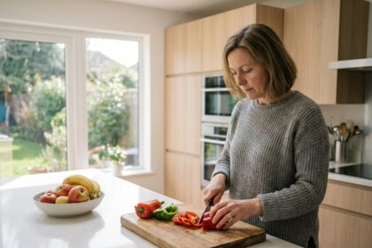 Femme en cuisine coupant des légumes frais sur une planche