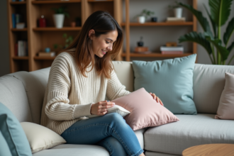 Femme arrangeant des coussins sur un canapé moderne dans un salon cosy