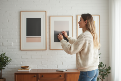 Femme arrangeant des œuvres d'art dans un salon moderne