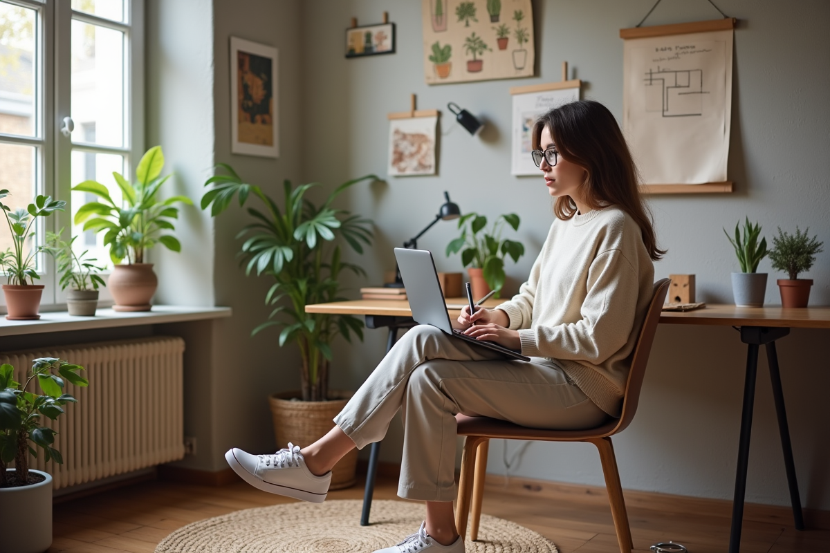 Jeune femme esquissant un aménagement intérieur chez elle