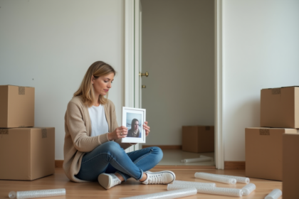 Femme assise avec photo dans une pièce vide en déménagement