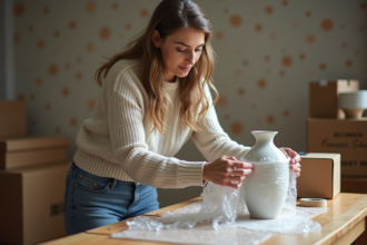 Femme emballant une porcelaine dans un intérieur domestique