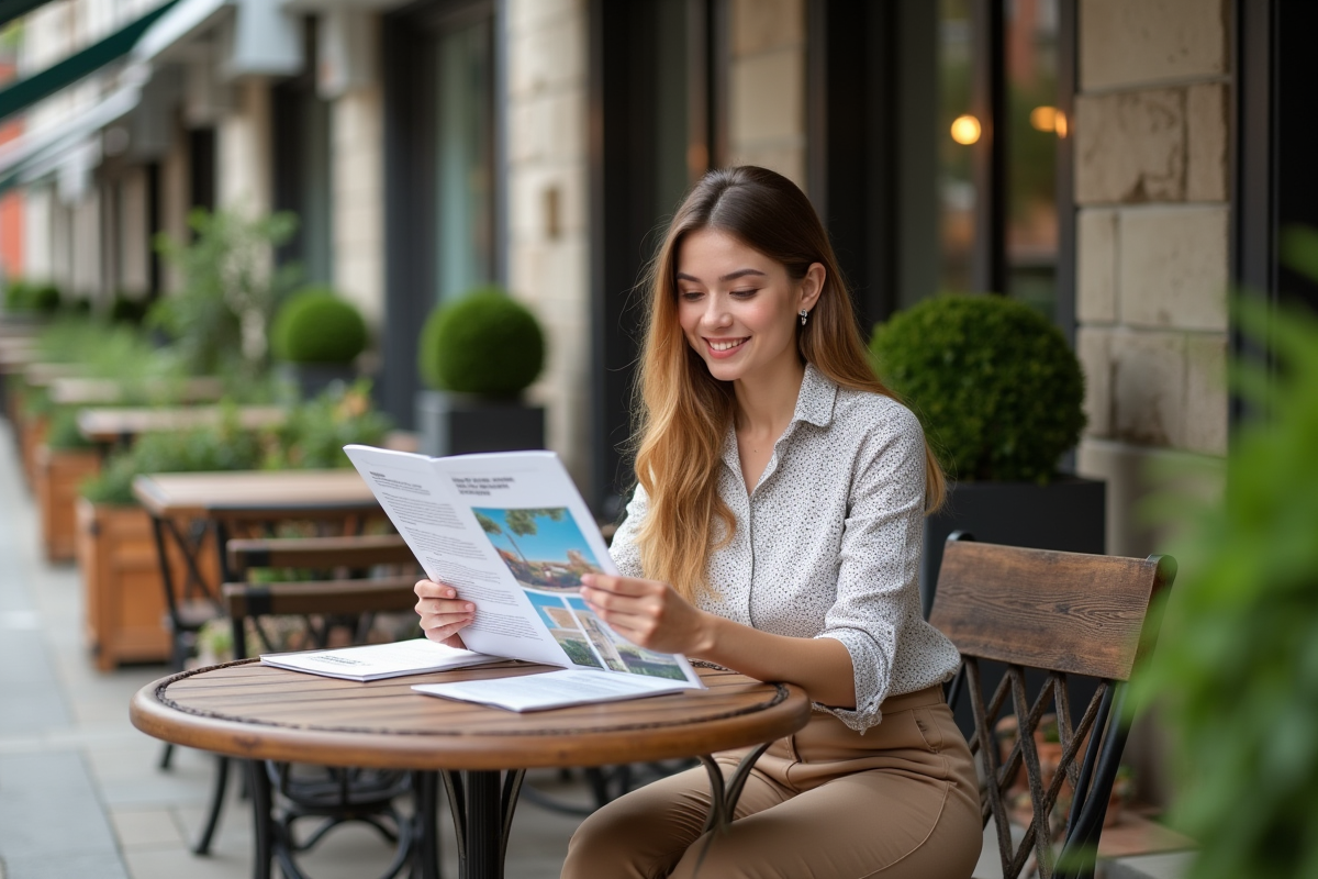 Jeune femme examine devis de paysage en extérieur