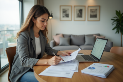 Femme dapproximativement 40 ans examine des documents financiers