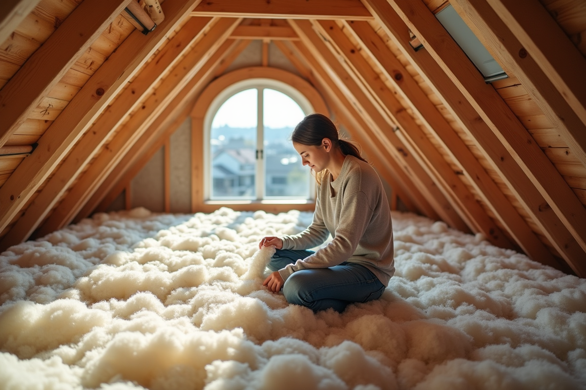 Jeune femme installant laine de mouton dans un grenier écologique