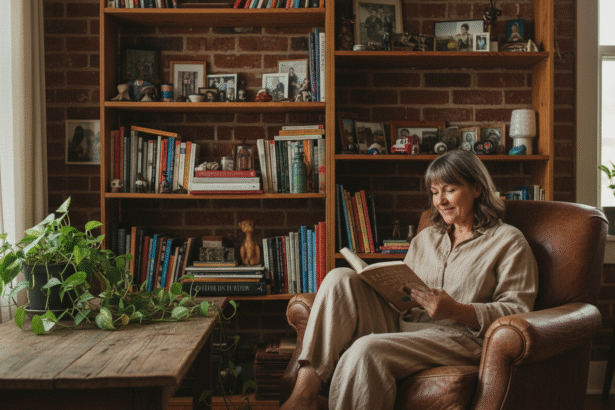 Femme d'âge moyen lisant dans un salon vintage chaleureux