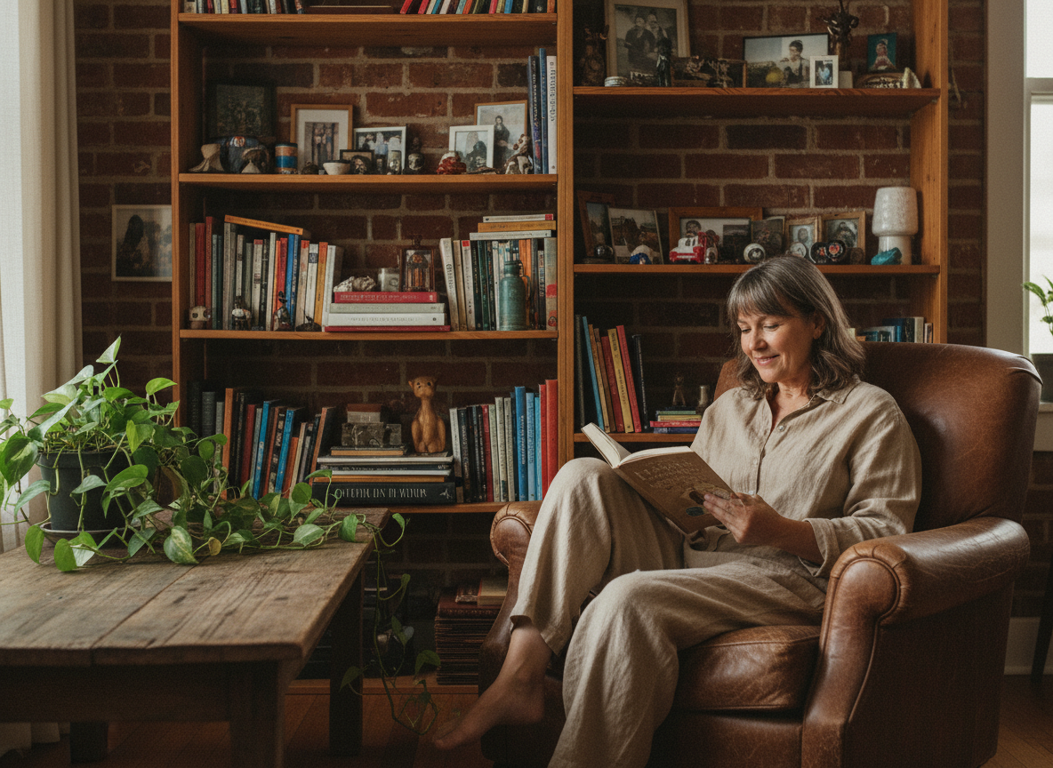 Femme d'âge moyen lisant dans un salon vintage chaleureux