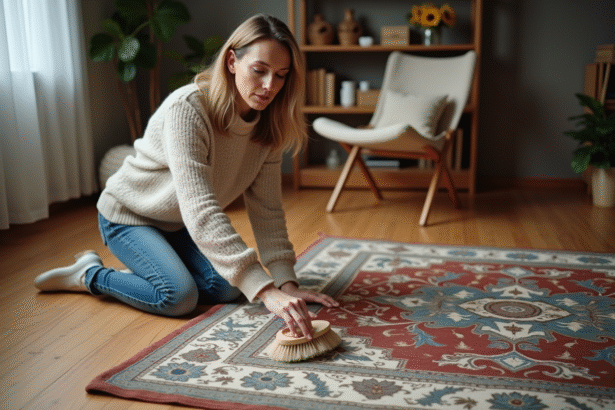 Femme en jeans nettoyant un tapis ancien dans le salon