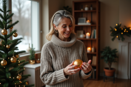 Femme en pull regardant un ornement de Noël doré
