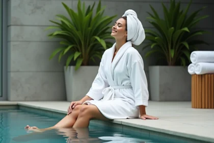 Femme en peignoir blanc au bord de la piscine