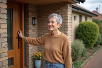 Femme souriante touchant une porte en bois moderne à l'entrée