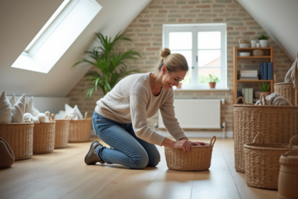 Femme souriante organisant des paniers dans un grenier aménagé