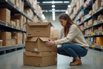 Jeune femme vérifiant des cartons dans un supermarché