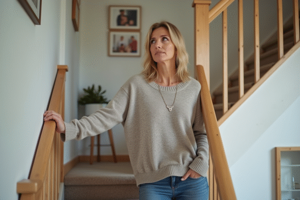 Femme d'âge moyen pensant sur un escalier intérieur moderne