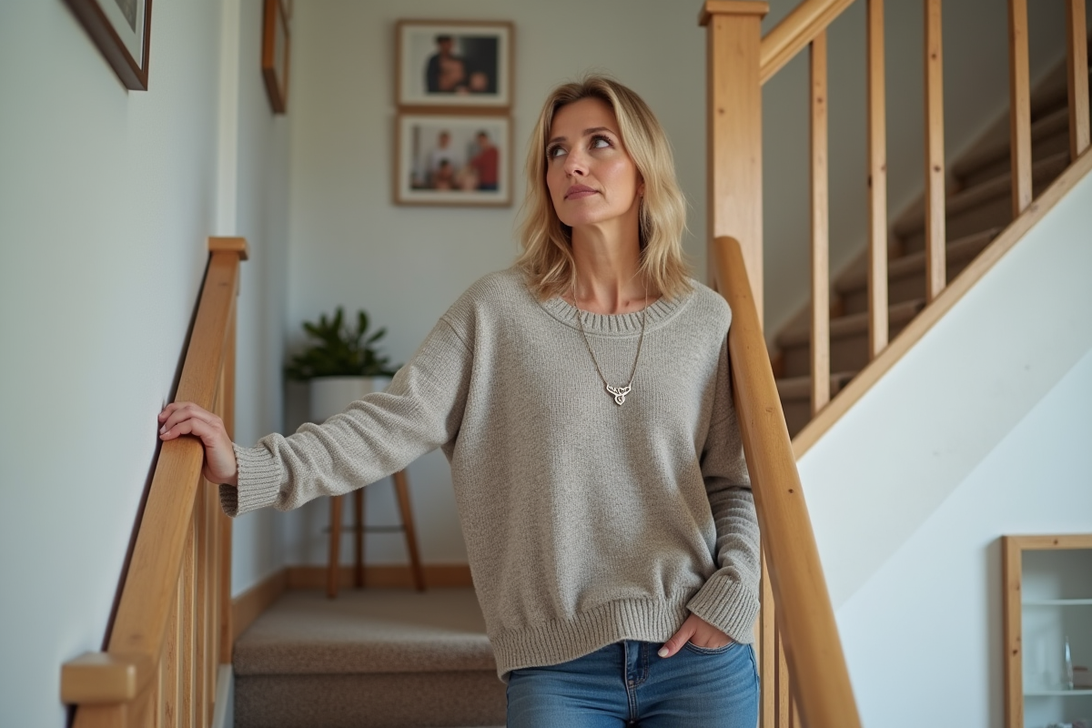 Femme d'âge moyen pensant sur un escalier intérieur moderne
